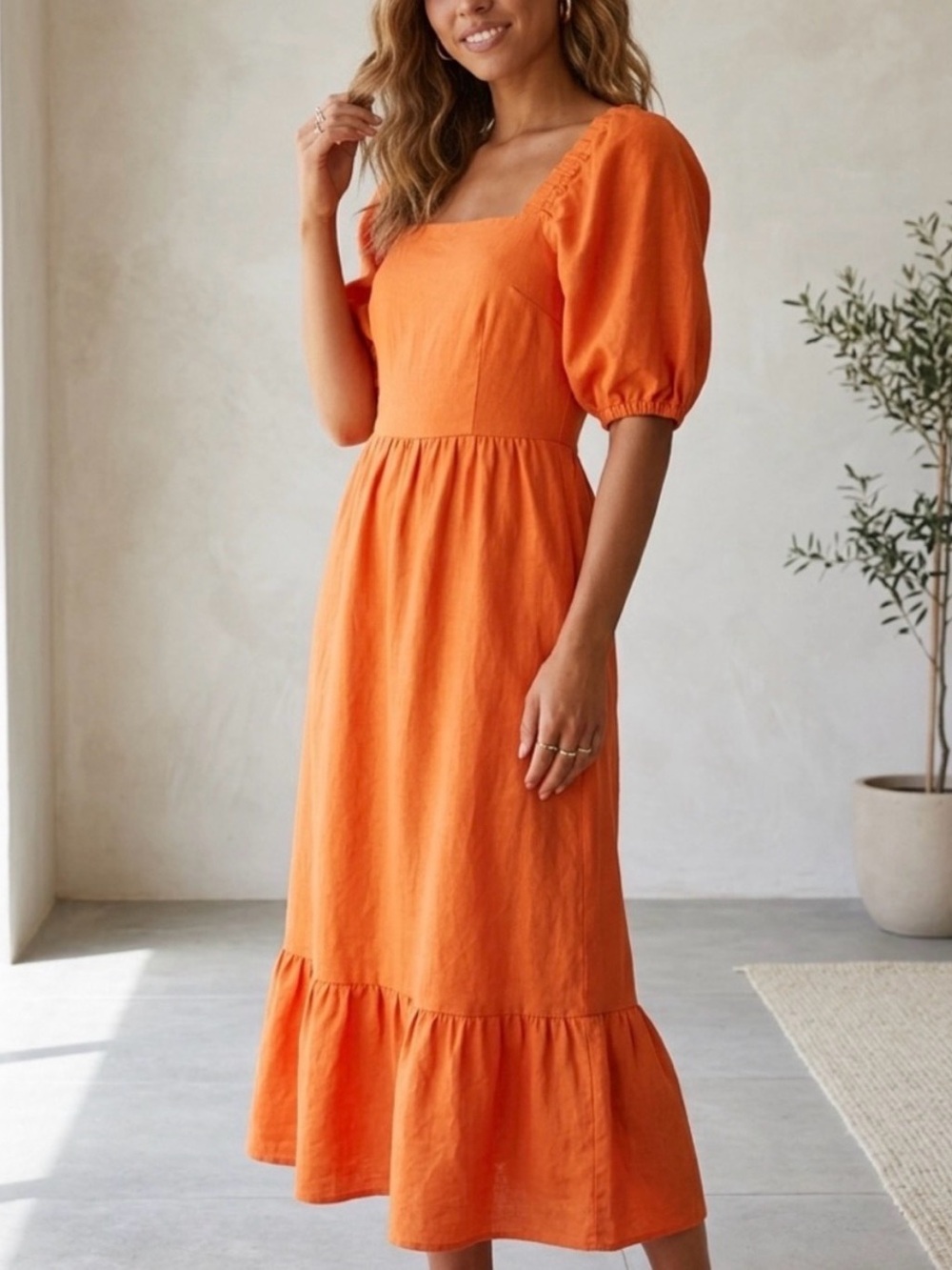 Who What Wear Orange Puff-Sleeve Square-Neck Midi Dress - Picture 1 of 5